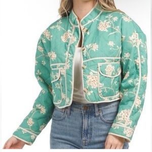7 For All Mankind Quilted Crop Floral Print Jacket Jade Green
